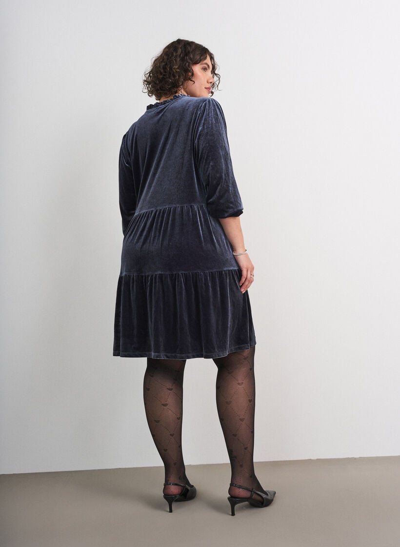 Kort velourkjole med volangkrage og lange ermer, Bl&aring;, Model image number 2