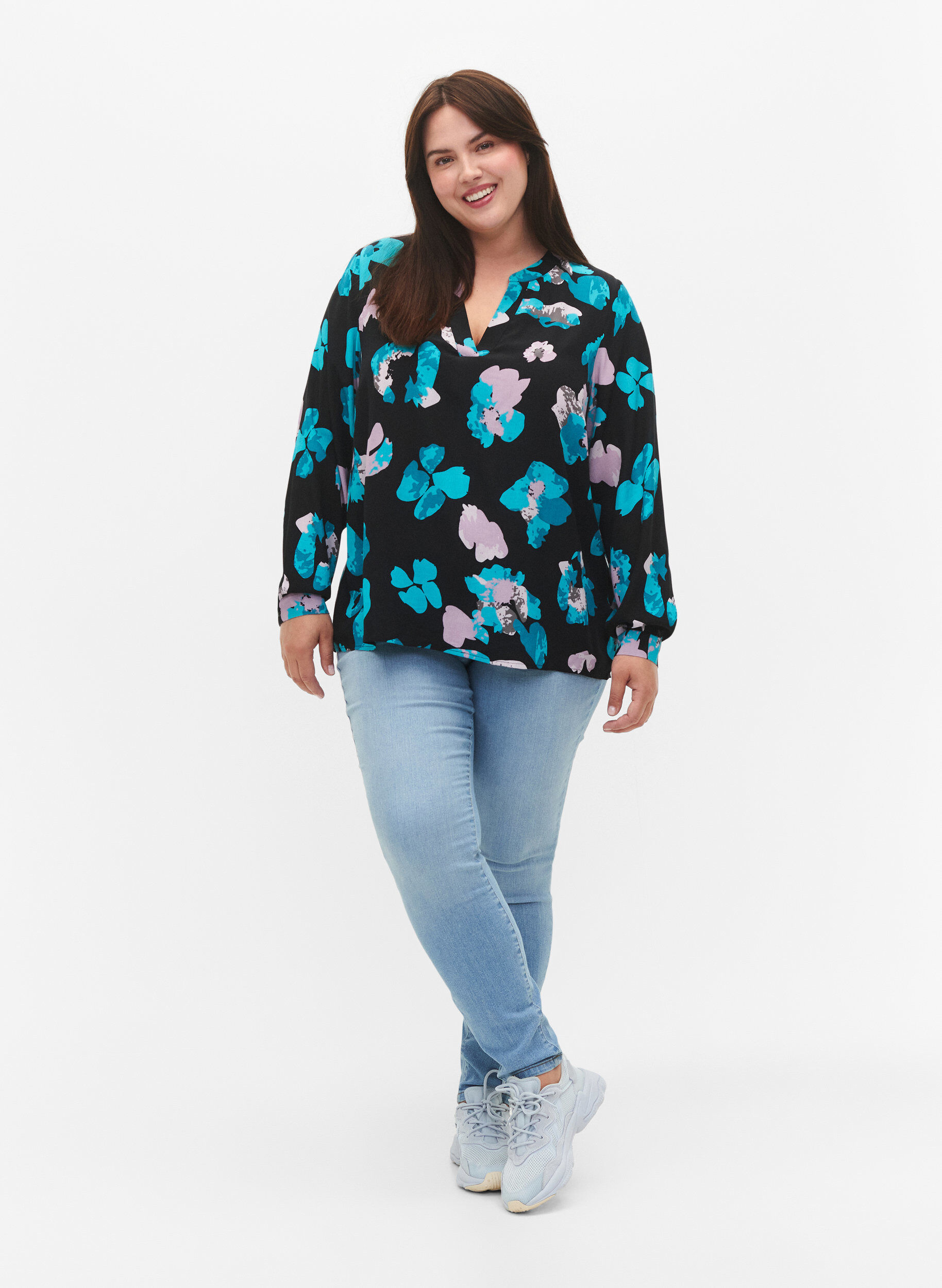 Zizzi Langermet viskosebluse med print, Blue AOP, Model image number 3