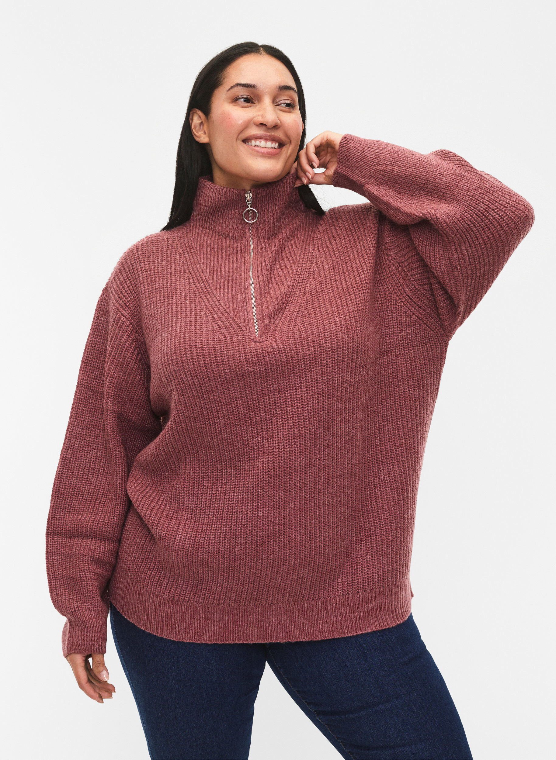ZizziStrikket genser med h&oslash;y hals og glidel&aring;s, Rosa, Model image number 0