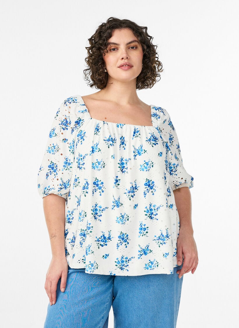 Bluse med blomster og firkantet utringning samt hullbroderi, Hvit, Model image number 0