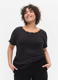 Kortermet pysjamastopp i ribbet materiale, Black, Model