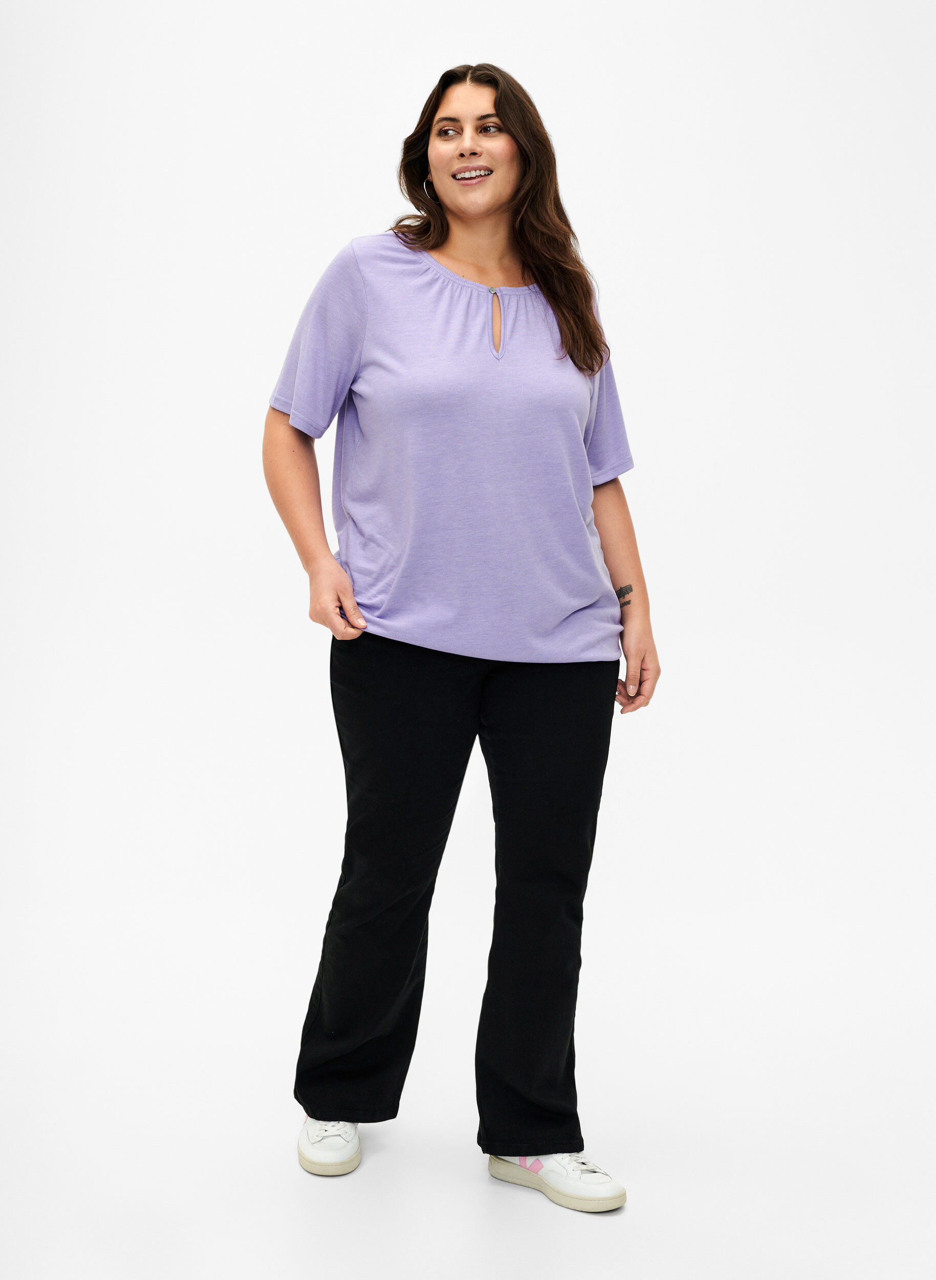 Zizzi Melange Bluse med korte ermer, Violet Tulip Mel., Model image number 2