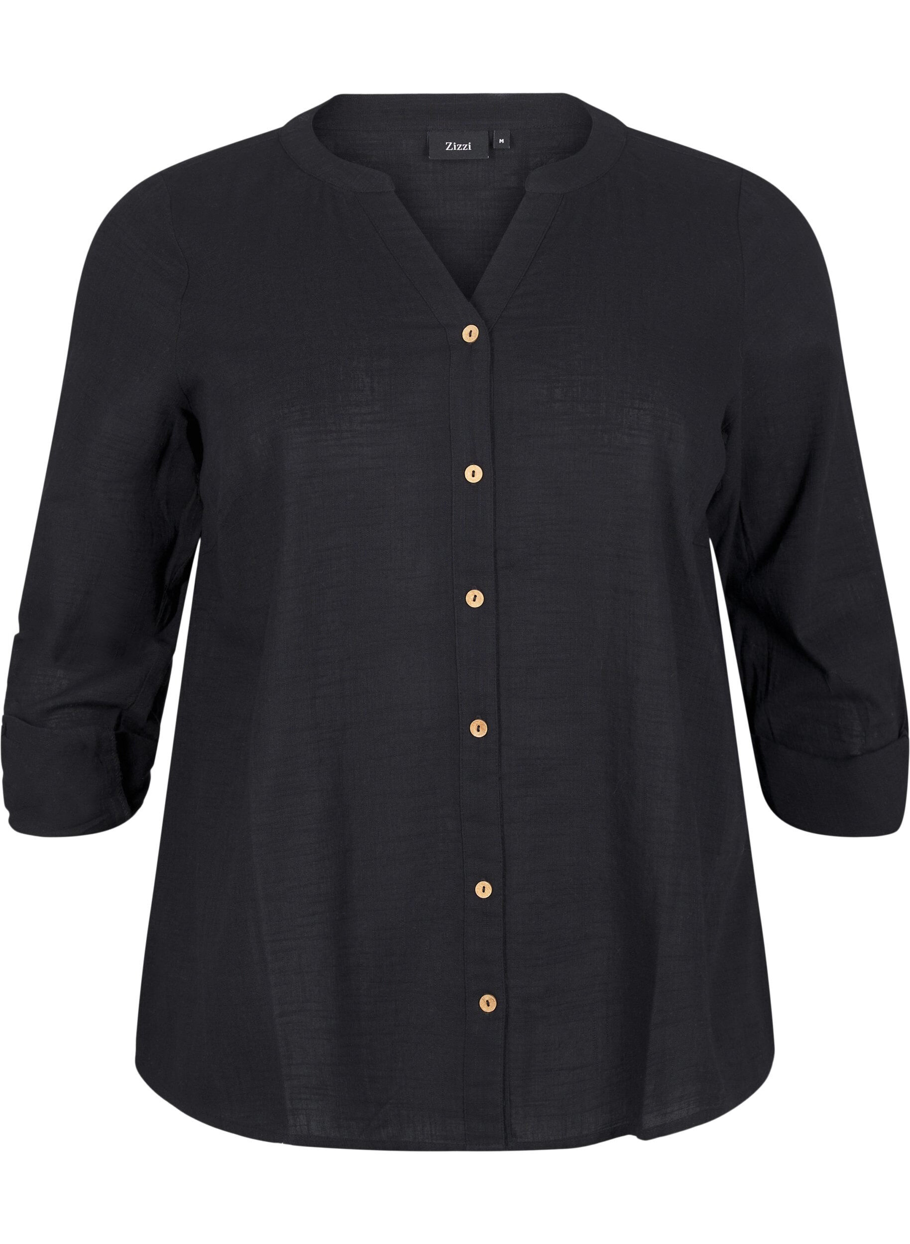 ZizziBomullsbluse med V-hals, Svart, Packshot image number 0