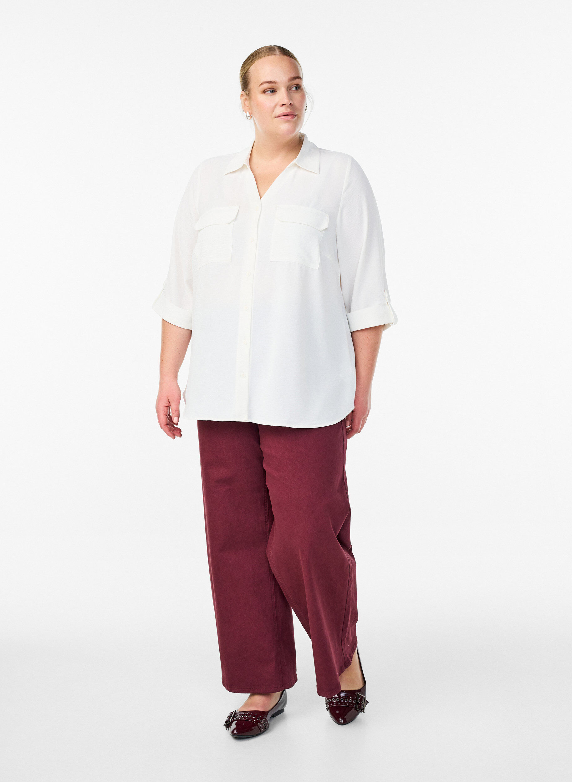 ZizziSkjorte med brystlommer og 3/4 ermer, Vanilje, Model image number 1