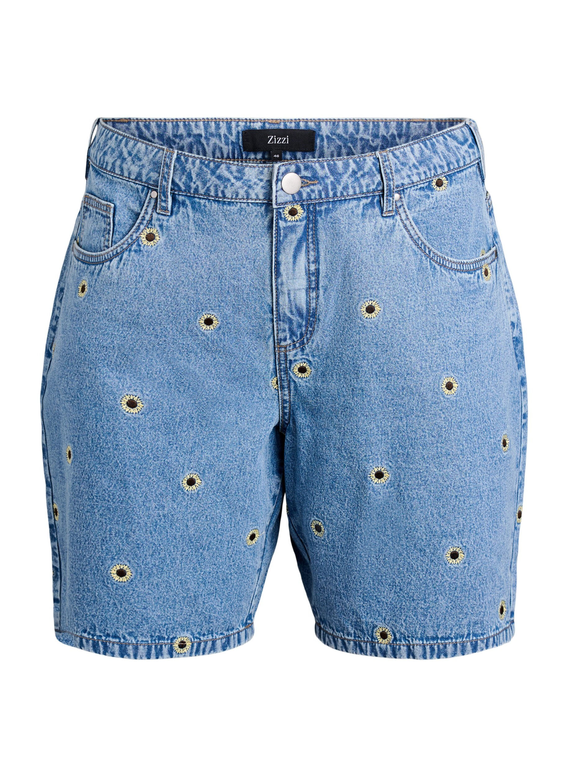 Zizzi Dongerishorts med broderte blomster, Bl&aring;, Packshot image number 0