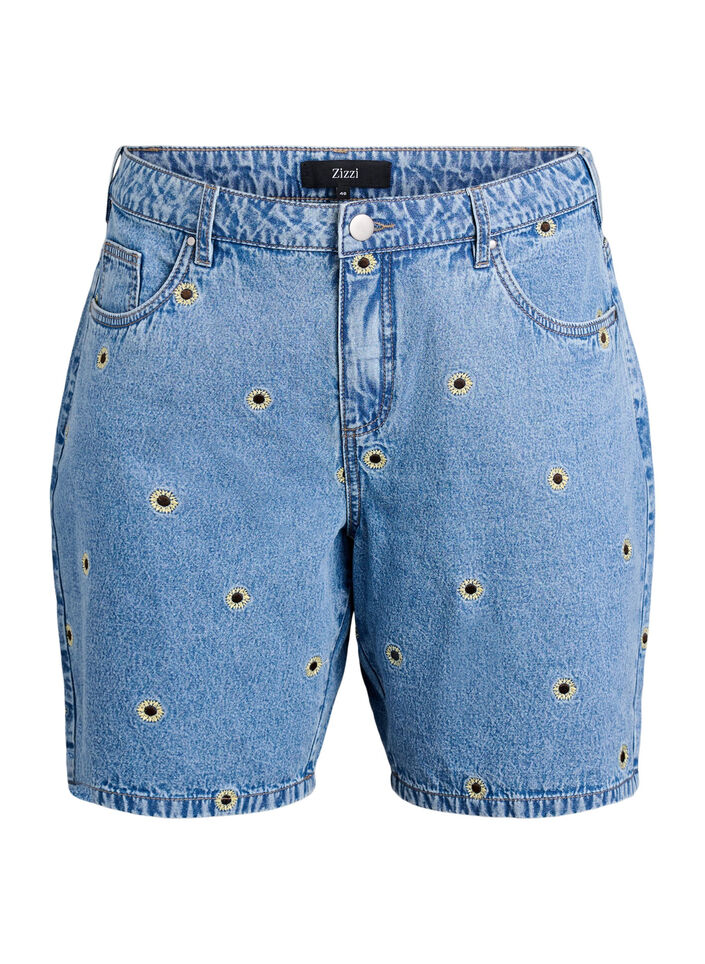 Dongerishorts med broderte blomster, Bl&aring;, Packshot image number 0