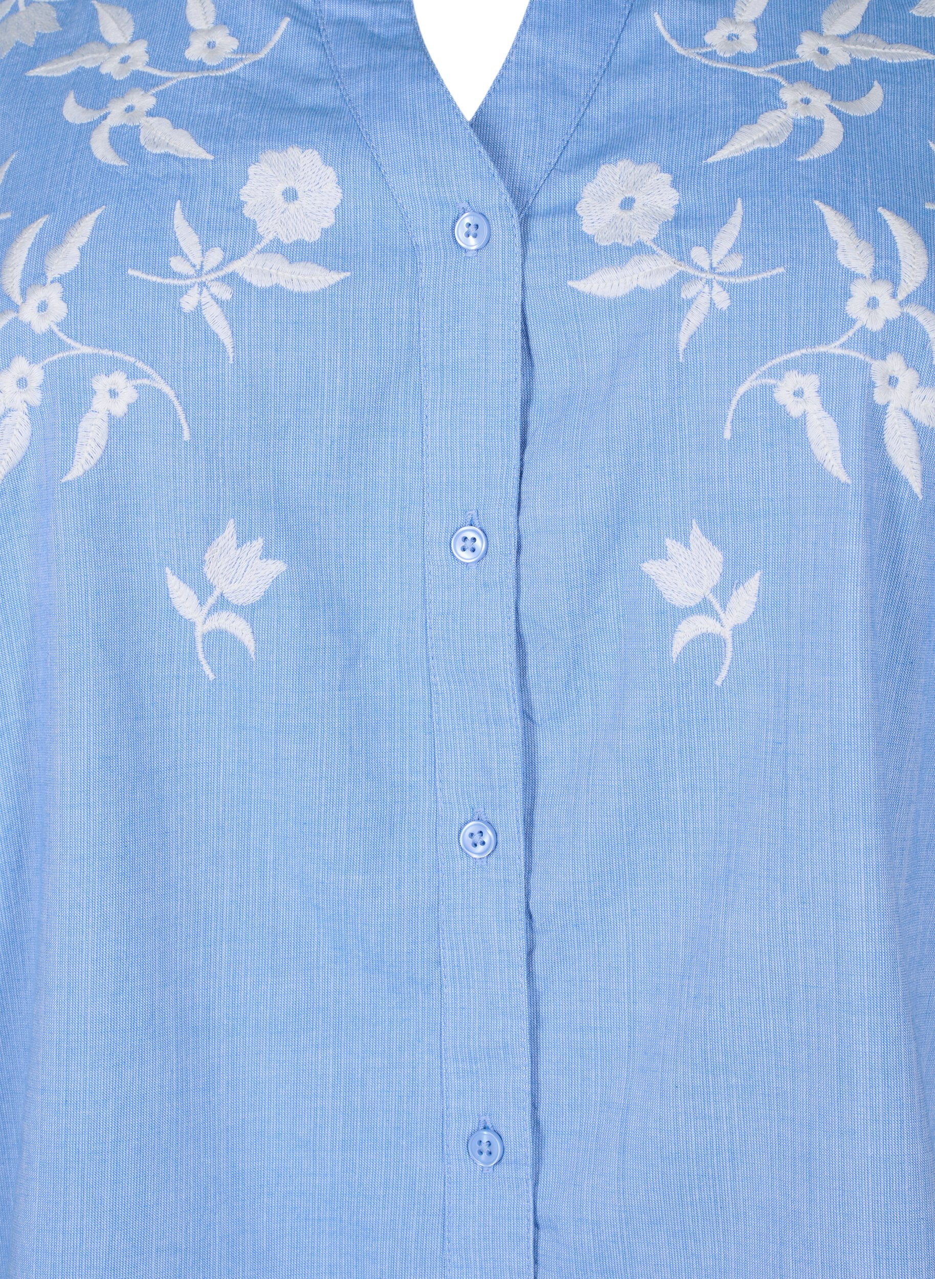 Zizzi Bomullsskjortebluse med broderte blomster, Vista Bl. W. White, Packshot image number 2