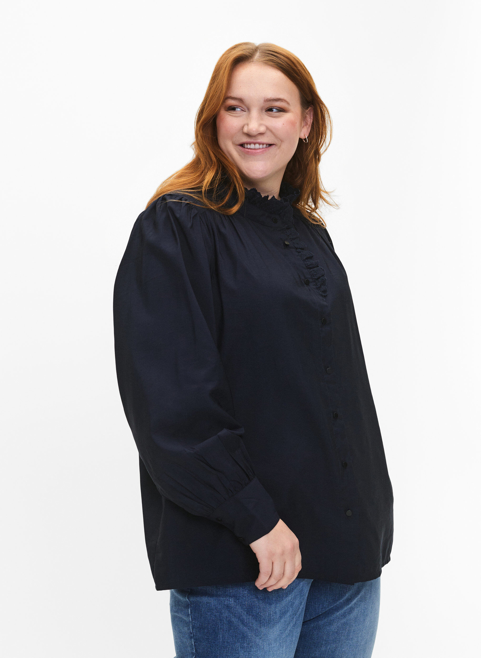 Zizzi Viscose skjorte Bluse med ruffles, Sky Captain, Model image number 0