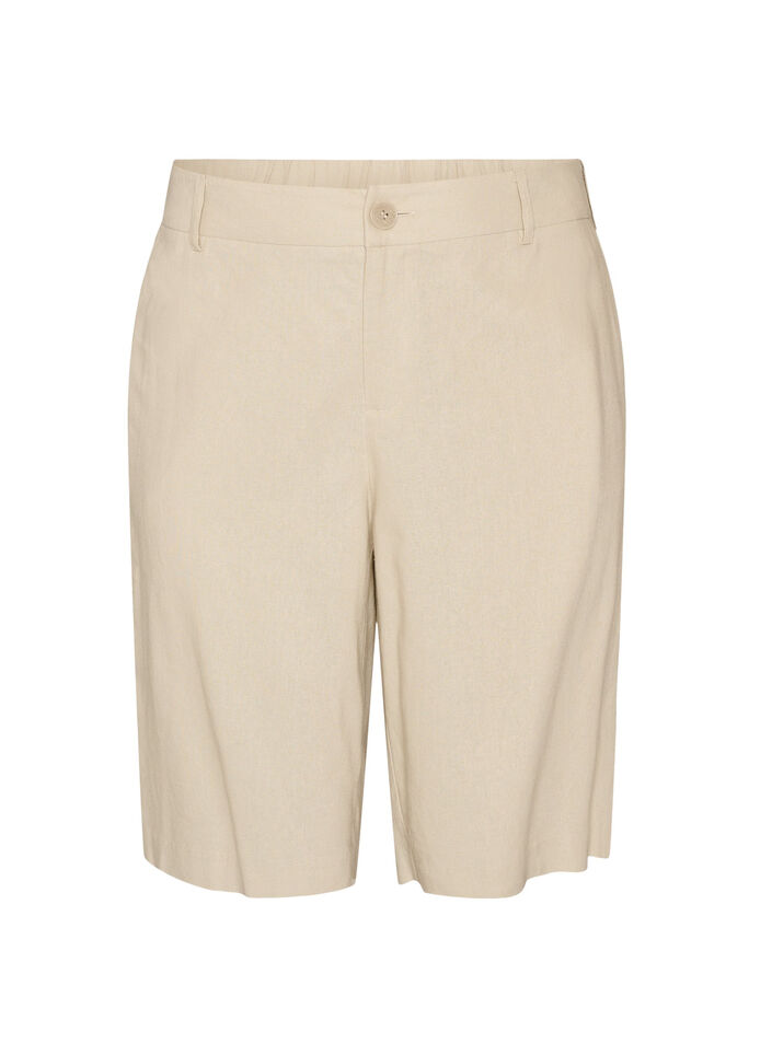 Bermudashorts med h&oslash;y midje i lin og viskose, Beige, Packshot image number 0