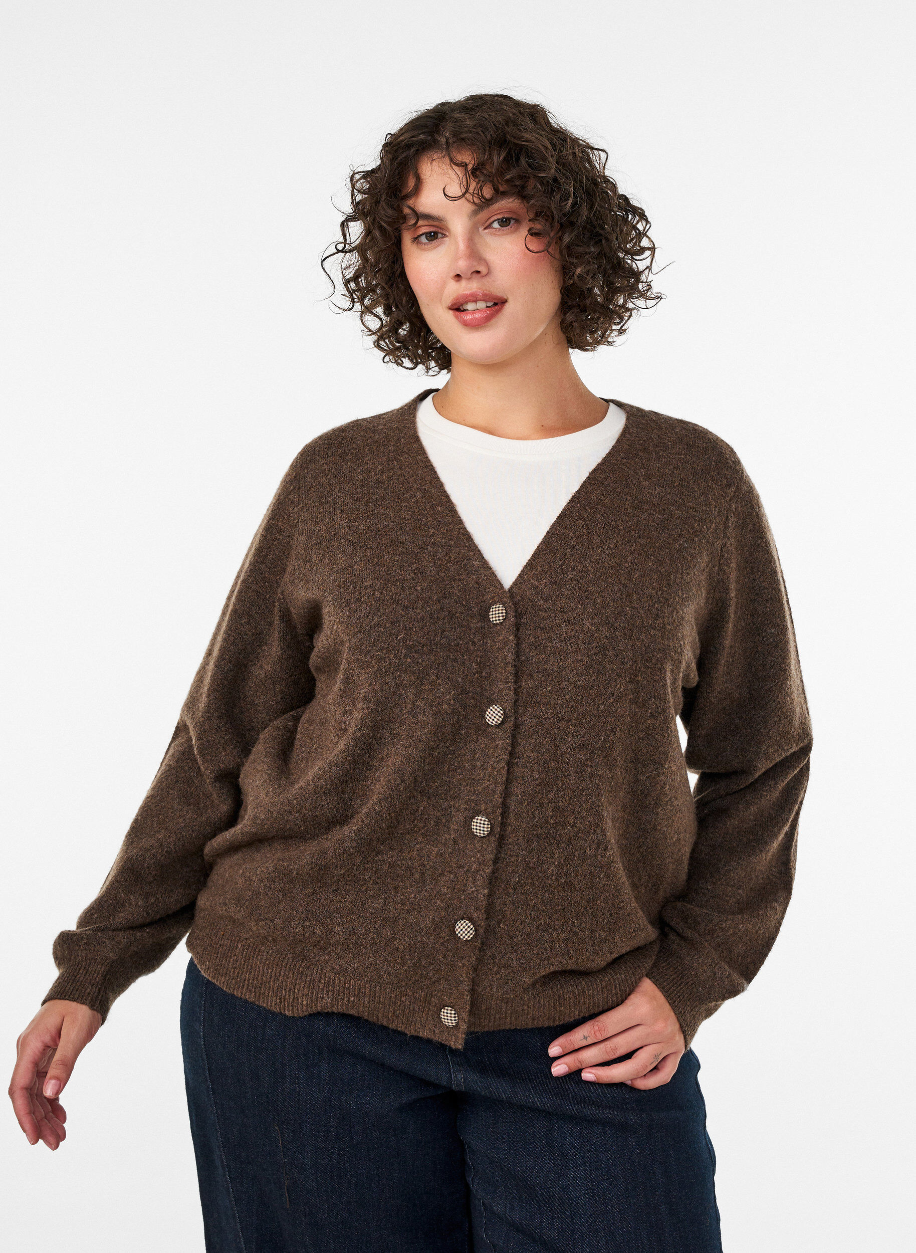 Cardigan med dekorative knapper og V-hals, Brun, Model