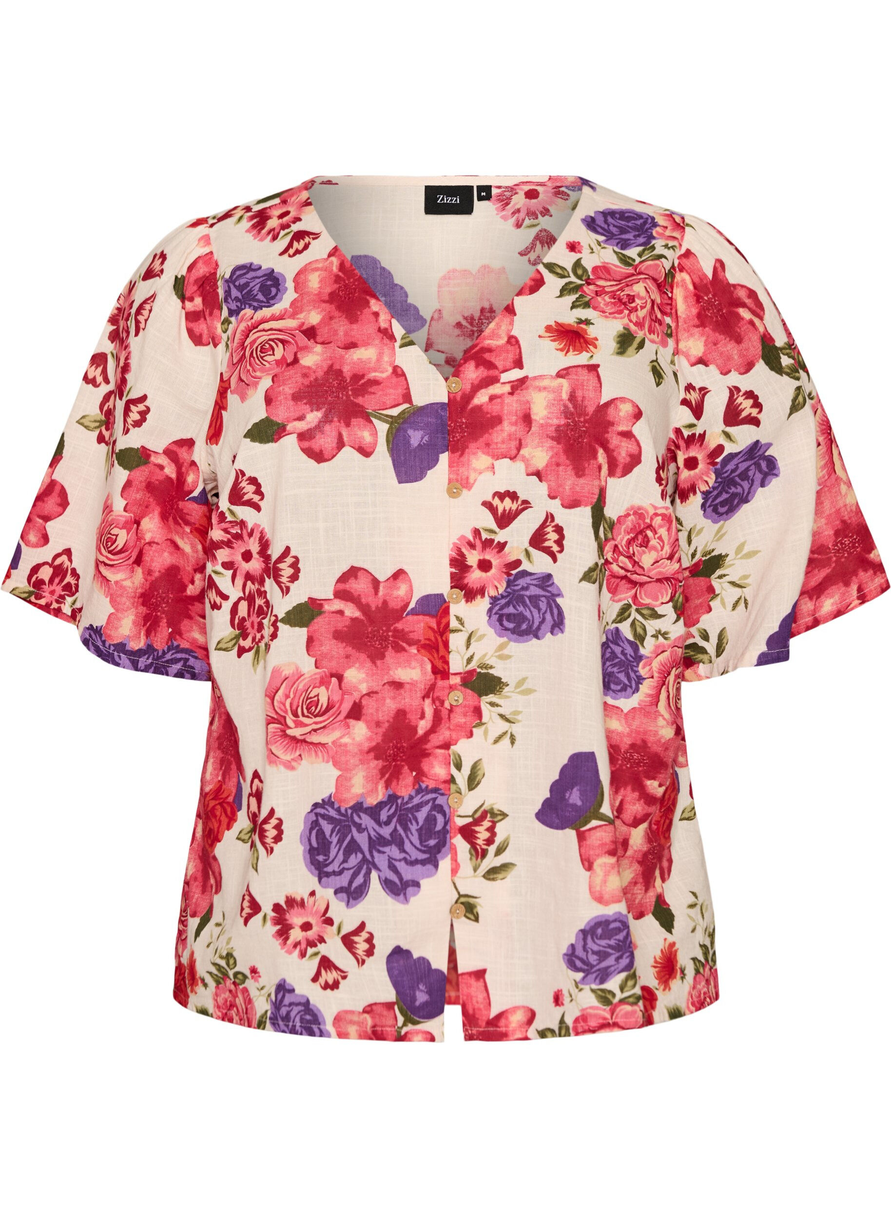 ZizziKortermet bomullsskjorte med V-hals, R&oslash;d, Packshot image number 0