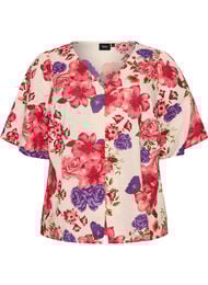 Kortermet bomullsskjorte med V-hals, R&oslash;d