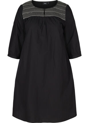 Kjole i bomull med smock og A-form, Black, Packshot image number 0