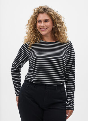 Zizzi Langermet stripete bluse, B. W. w. Black , Model image number 0