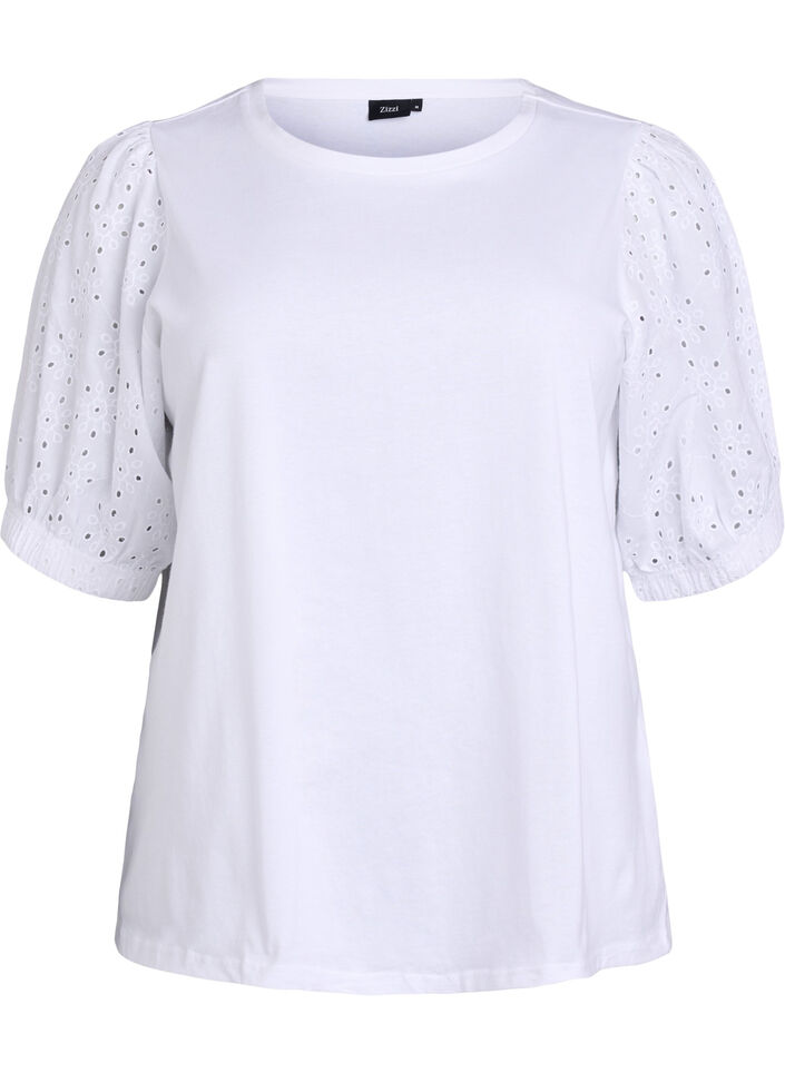 T-skjorte med Broderie Anglaise-ermer, Hvit, Packshot image number 0