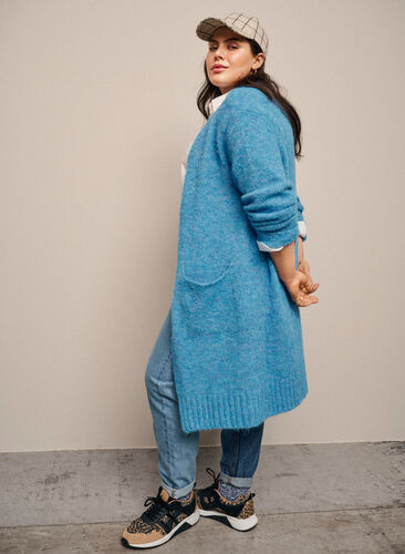 Lang strikket cardigan i ull med lommer, French Blue, Image image number 0