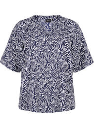 Bluse med V-hals og blomstertrykk, White Blue Flower