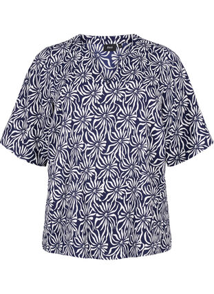 Zizzi Bluse med V-hals og blomstertrykk, White Blue Flower, Packshot image number 0