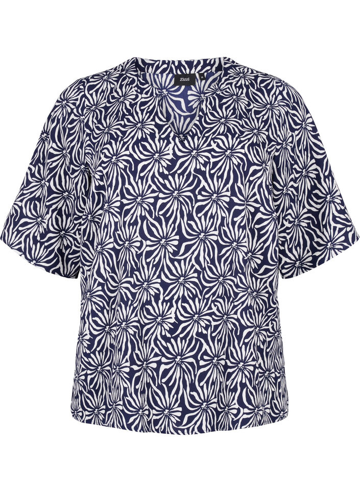 Bluse med V-hals og blomstertrykk, White Blue Flower, Packshot image number 0