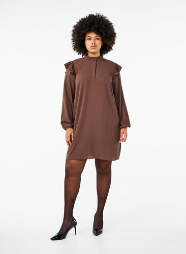 Zizzi Kort kjole med volanger og glitter, Brun, Model image number 1