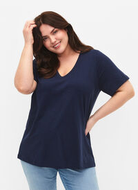 Kortermet basic T-skjorte med V-hals, Navy Blazer, Model
