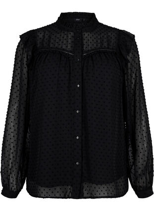 Skjortebluse med volanger og prikkete tekstur, Black, Packshot image number 0