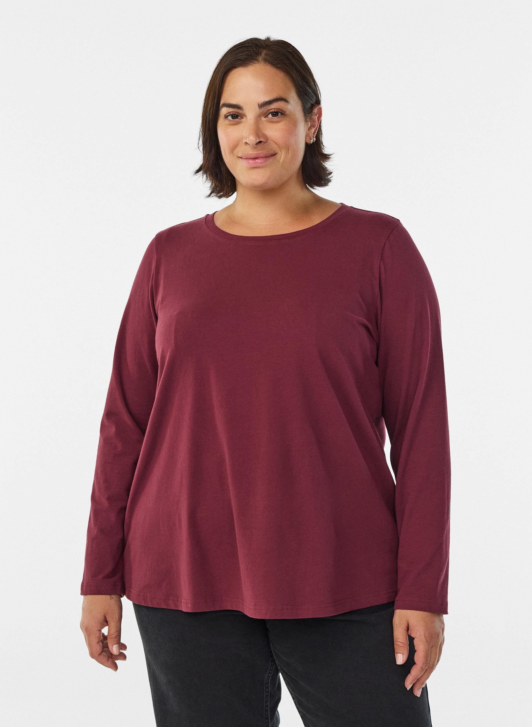 ZizziBasis jersey bluse med lange ermer, M&oslash;rk Bordeaux, Model image number 0
