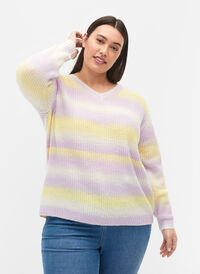 Stripete strikkegenser med V-hals, Lavender Comb., Model