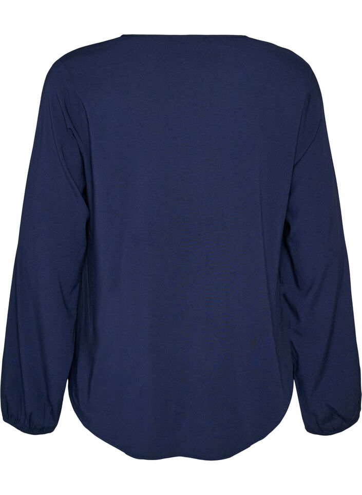Viskosebluse med V-hals og avrundet fold, Bl&aring;, Packshot image number 1