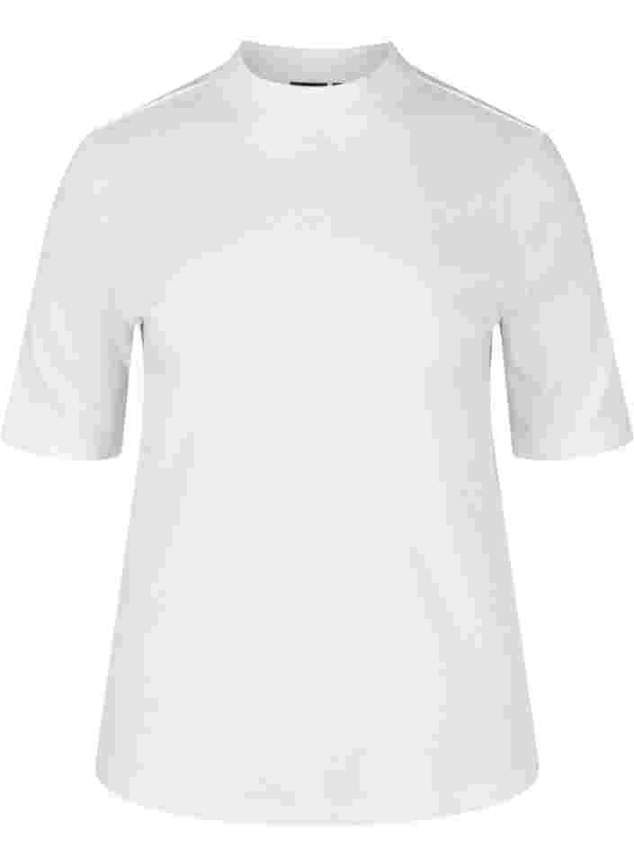 Høyhalset bluse i bomull med 2/4-ermer, Bright White, Packshot