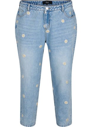 Mille mom fit jeans med blomstrete broderi, Light Blue w. Flower, Packshot image number 0