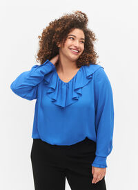 Bluse med lange ermer og volanger, Strong Blue, Model