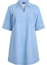 Kort denimkjole med krage og V-hals, Light Blue Denim