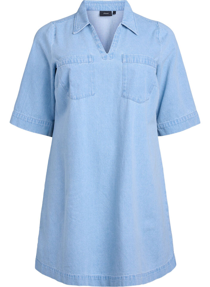 Kort denimkjole med krage og V-hals, Blå, Packshot image number 0