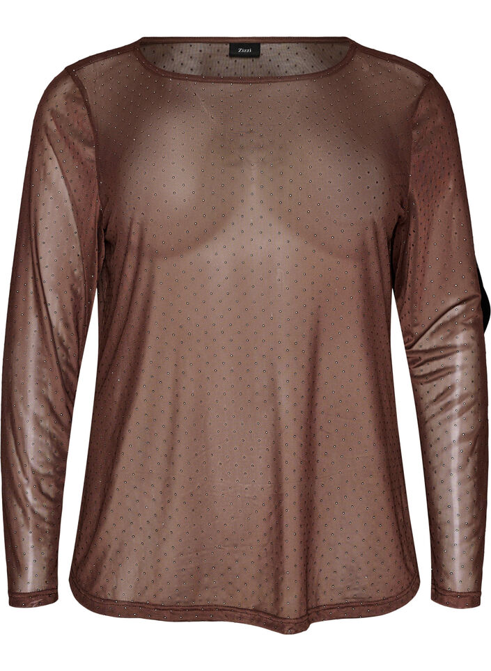 Gjennomsiktig meshbluse med rhinesteiner, Brun, Packshot image number 0