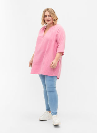Zizzi Tunika i bomull med 3/4-ermer, Rosebloom, Model image number 2