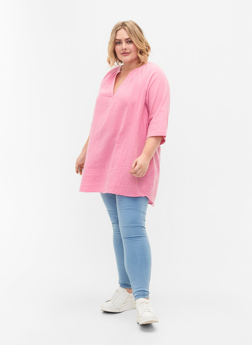 Tunika i bomull med 3/4-ermer, Rosebloom, Model image number 2