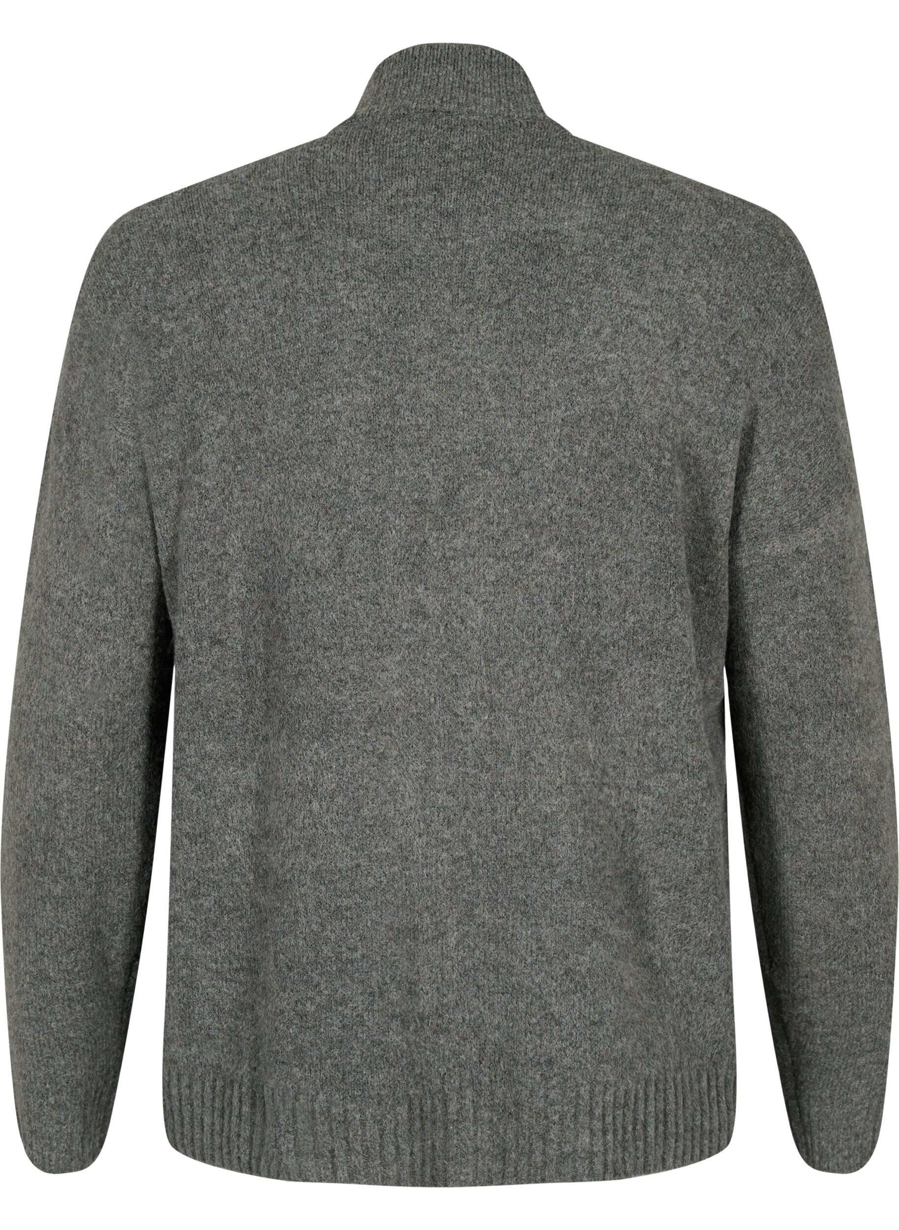 Zizzi Strikket cardigan med glidel&aring;s og lommer, Dark Grey Melange, Packshot image number 1