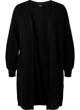 Lang strikket cardigan med ballongermer, Black, Packshot image number 0