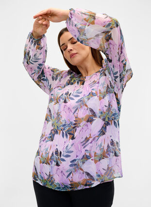 Mønstrete bluse med lange ermer, Orchid Bouquet AOP, Model image number 2