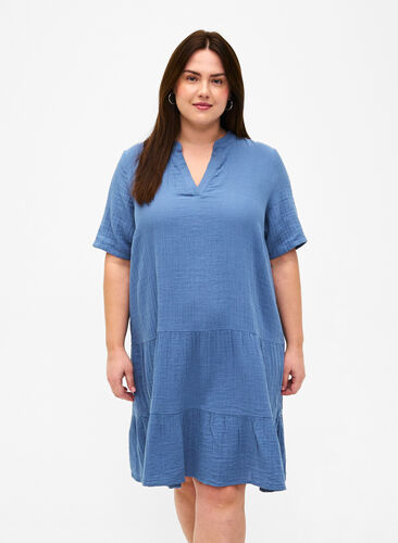 Kortermet kjole i 100 % bomull, Moonlight Blue, Model image number 0