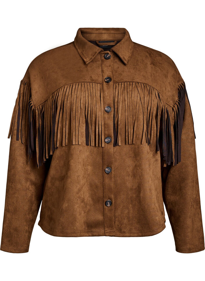 Imitert semsket jakke med frynser, Brown Fake Suede, Packshot