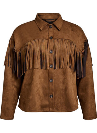 Zizzi Imitert semsket jakke med frynser, Brown Fake Suede, Packshot image number 0