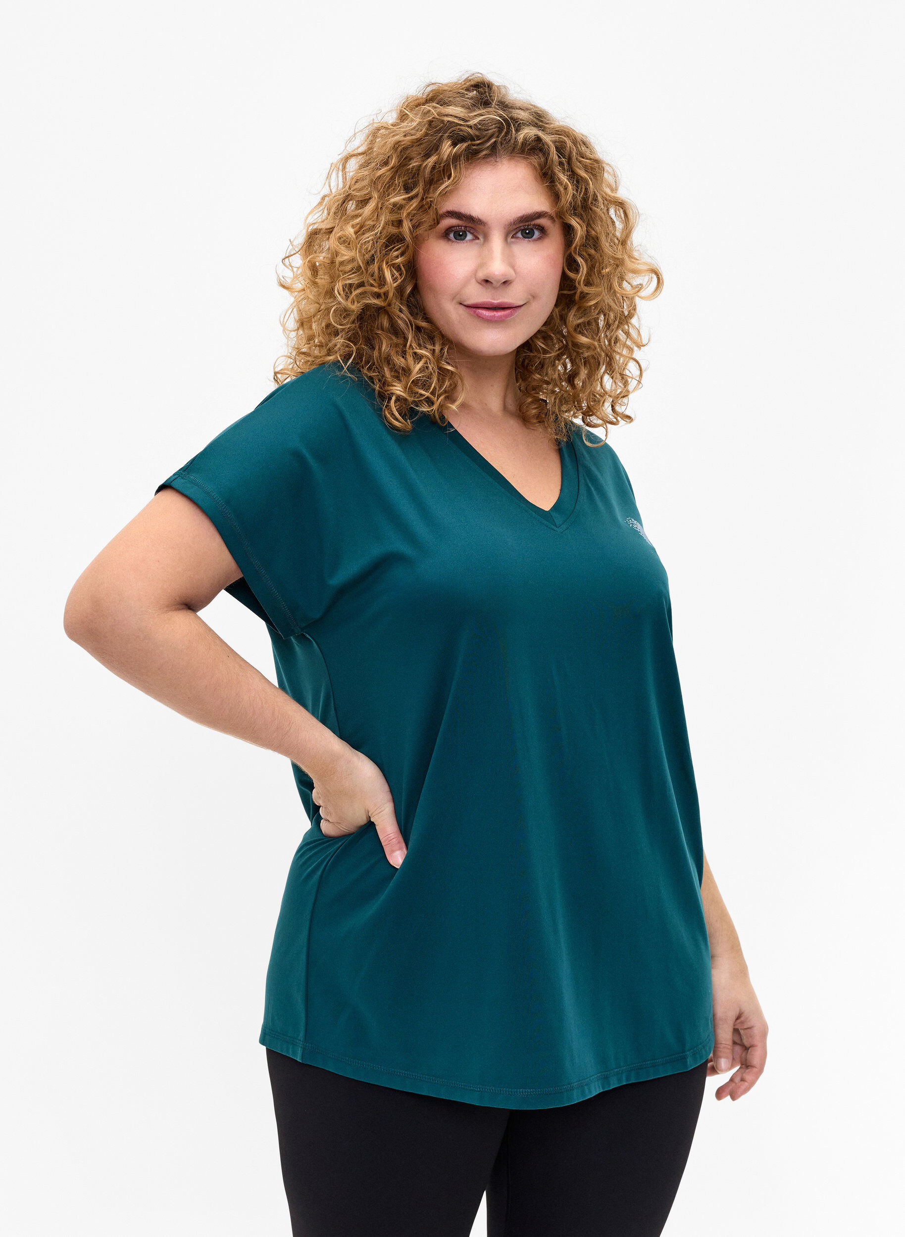Zizzi L&oslash;stsittende trenings-t-skjorte med v-hals, Deep Teal, Model image number 0