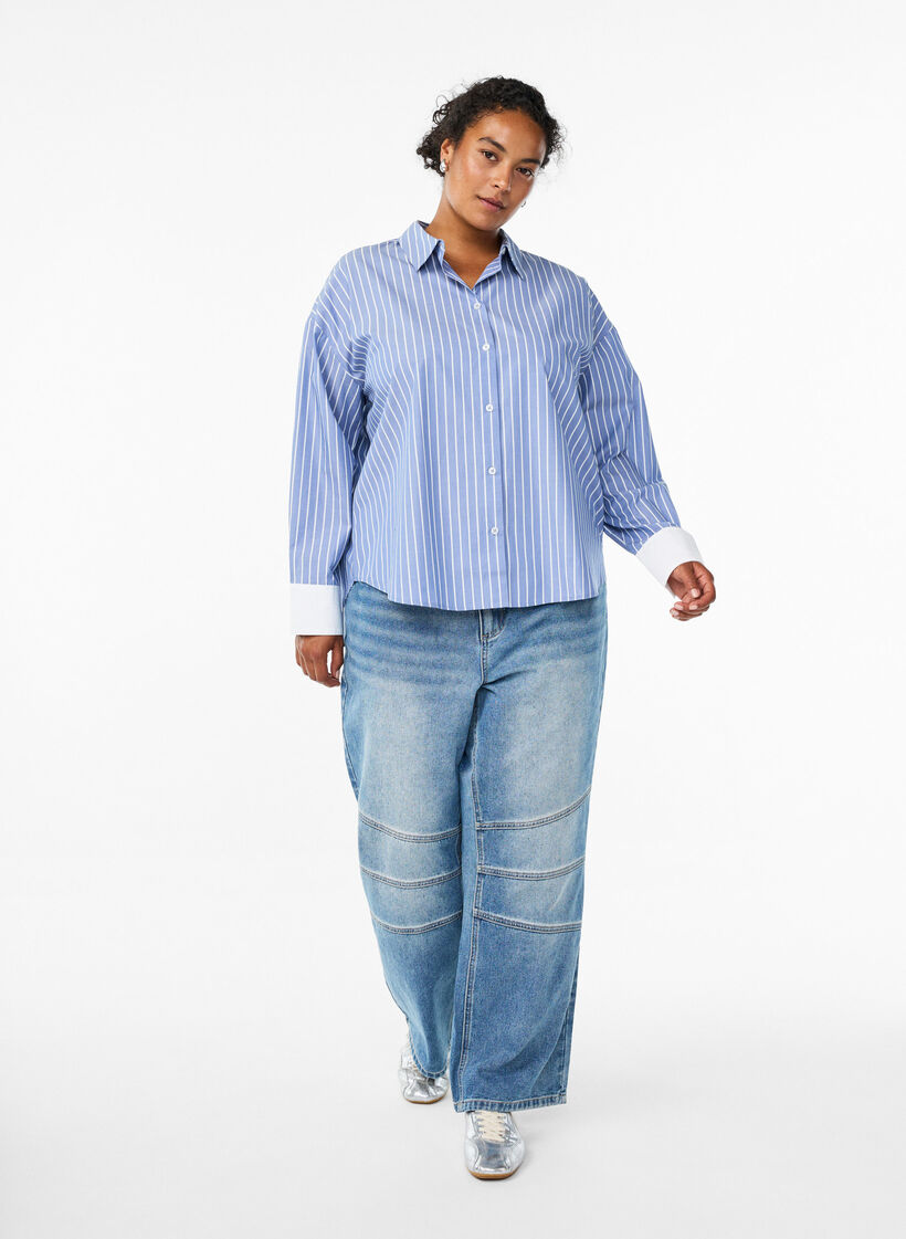 Stripete skjorte med kontrastmansjetter, Blue w. White Stripe, Model