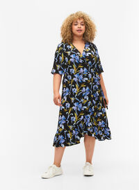 Mønstret omslagskjole med korte ermer (GRS), Black Blue Flower, Model