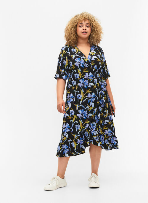 Mønstret omslagskjole med korte ermer (GRS), Black Blue Flower, Model
