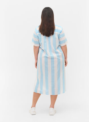Kortermet skjortekjole i bomull med striper, Blue Bell Stripe, Model image number 0
