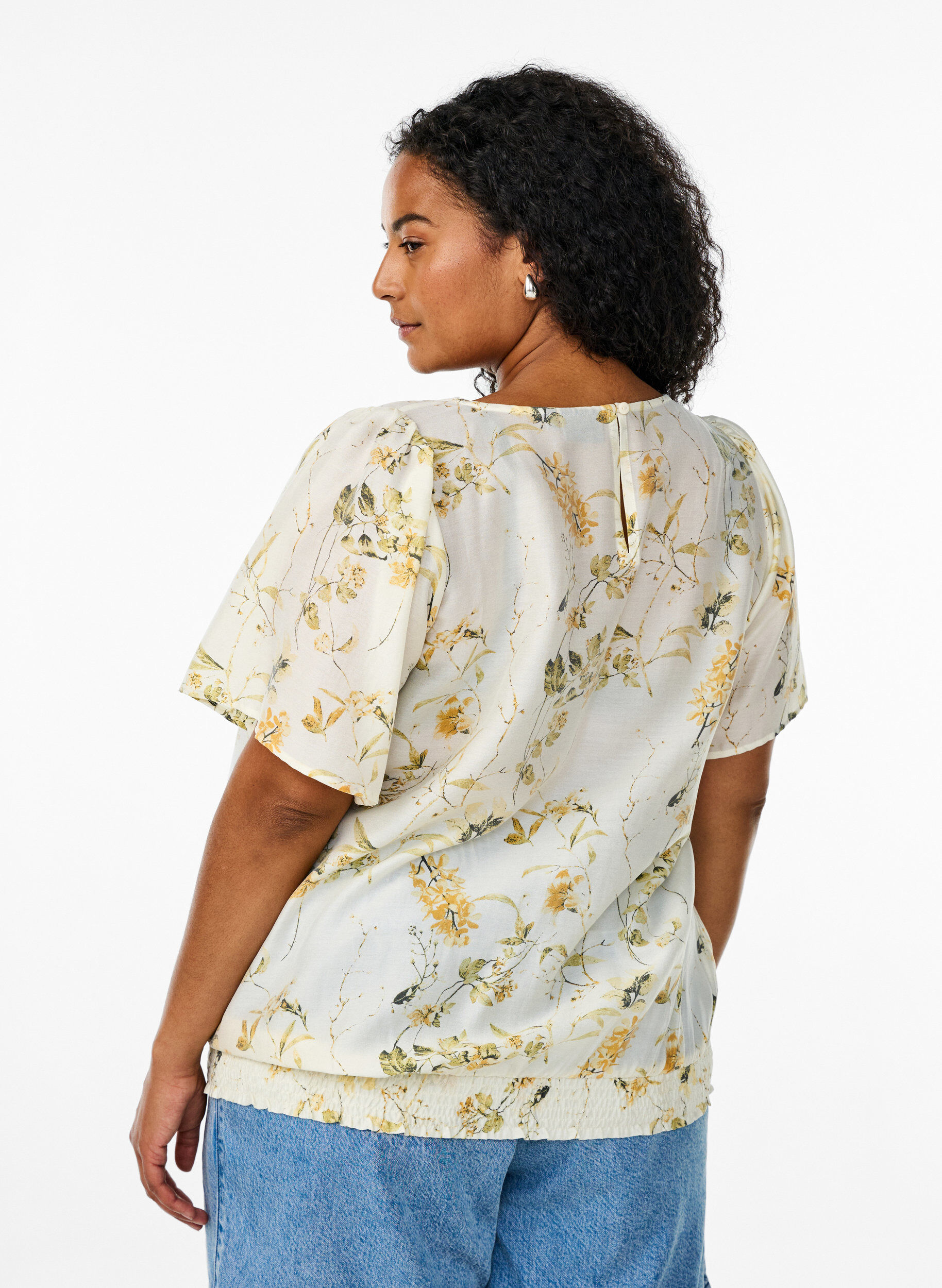 Zizzi Bluse med blomsterm&oslash;nster og firkantet hals, Gul, Model image number 2