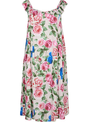 Blomstrete midikjole med volanger, Bright Flower , Packshot image number 0